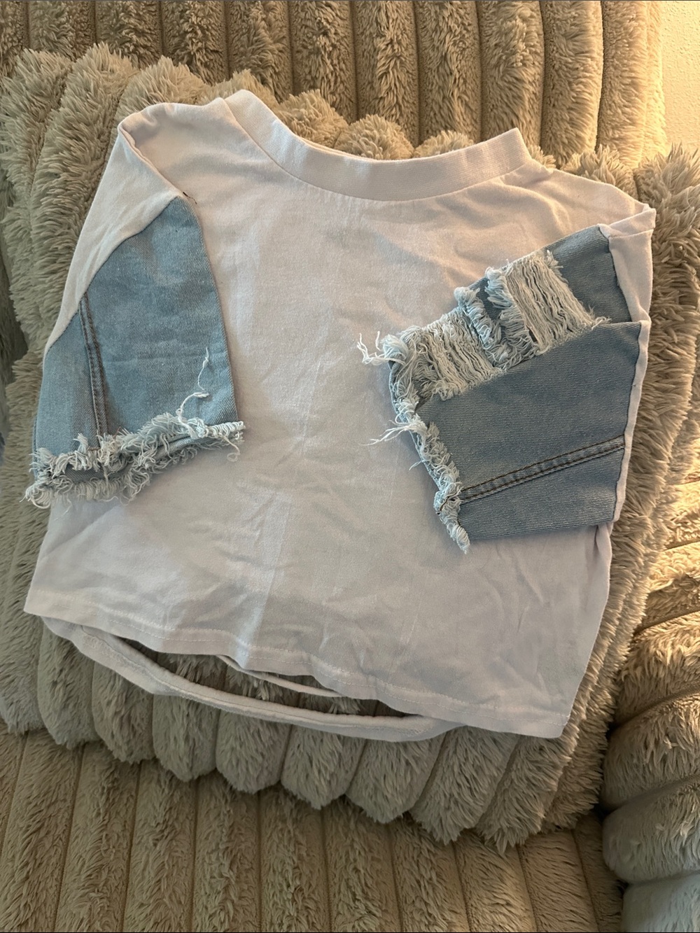 White Crop Top with Distressed Light Blue Denim Sleeve Panels